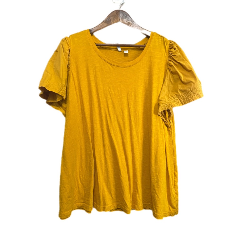 Cato Puff Sleeve Top Womens 22/24W Yellow Excellent Slub‎ Knit Cotton Blend